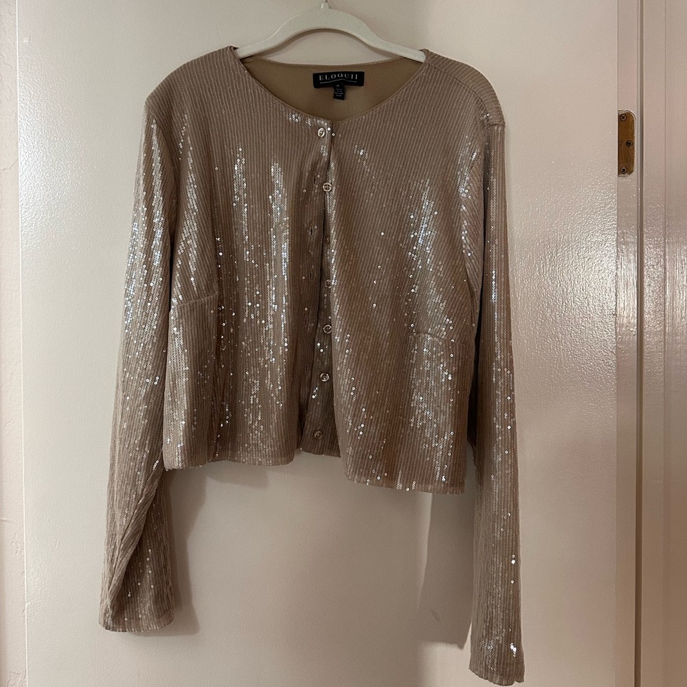 Eloquii Tan Sequin Button Down Shirt